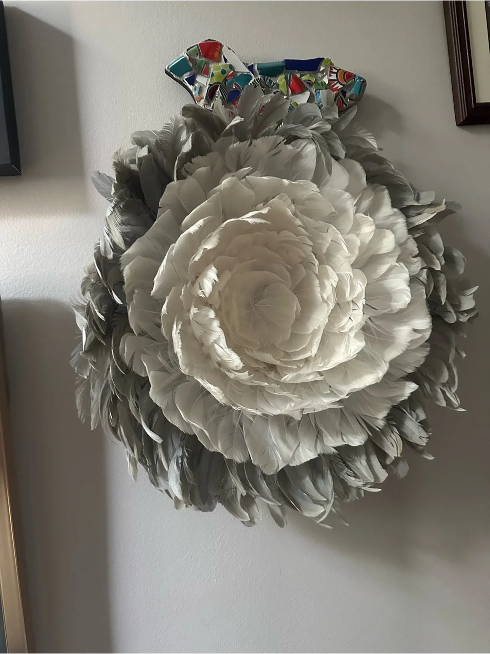 Feather JuJu Inspired Wall Flower I mWhite and Gray - Decorative Home Accent